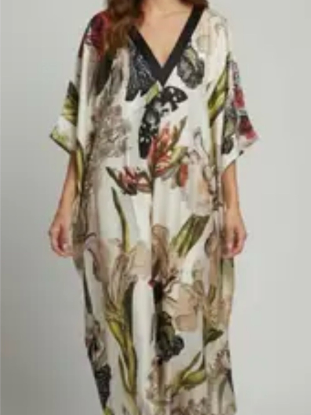 Relaxed Cream Floral Maxi Kaftan Dress with V-Neck